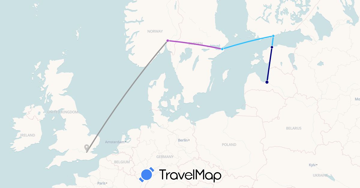 TravelMap itinerary: driving, plane, train, boat in Estonia, United Kingdom, Latvia, Norway, Sweden (Europe)